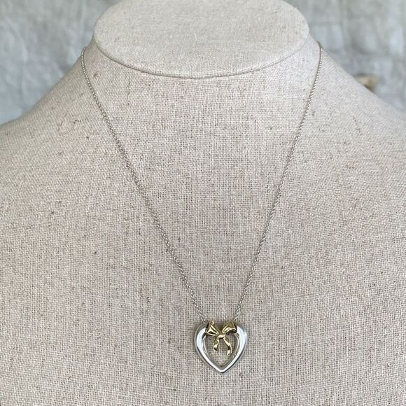 Tiffany & Co. 18K Gold & Sterling Silver Heart & Bow Ribbon Necklace - Picture 2 of 10